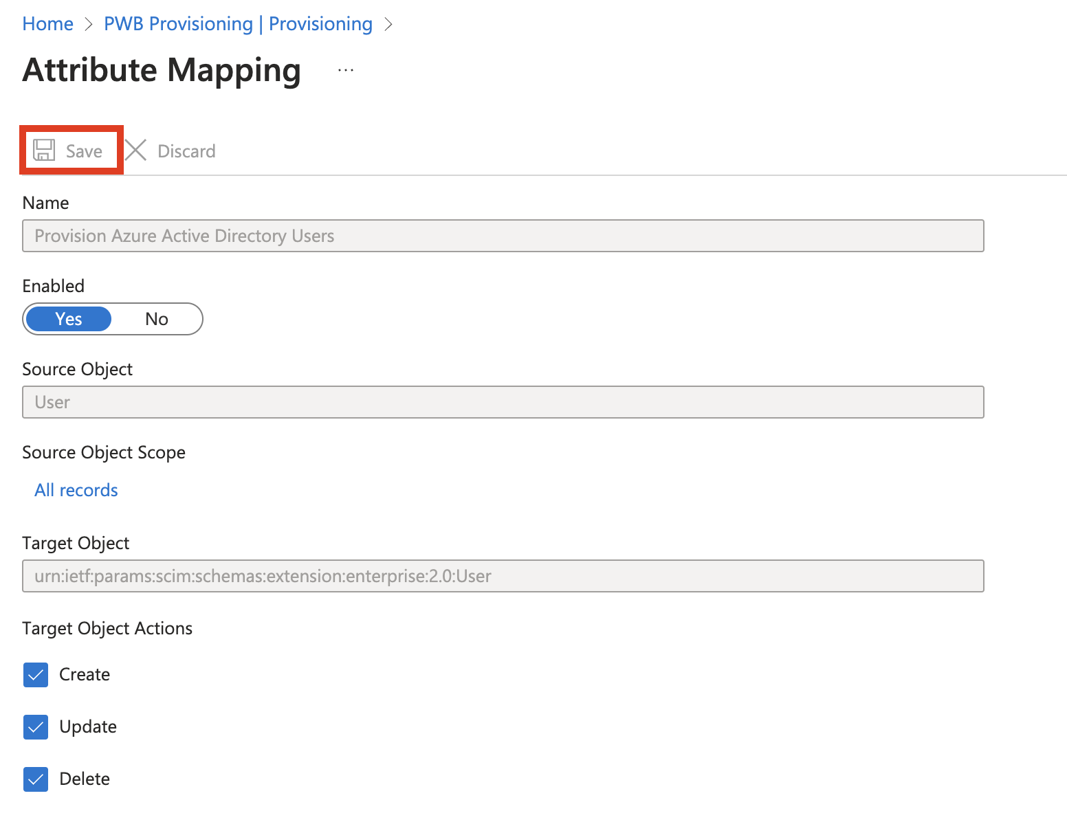 Screenshot of the Attribute Mapping blade with the Save button highlighted.