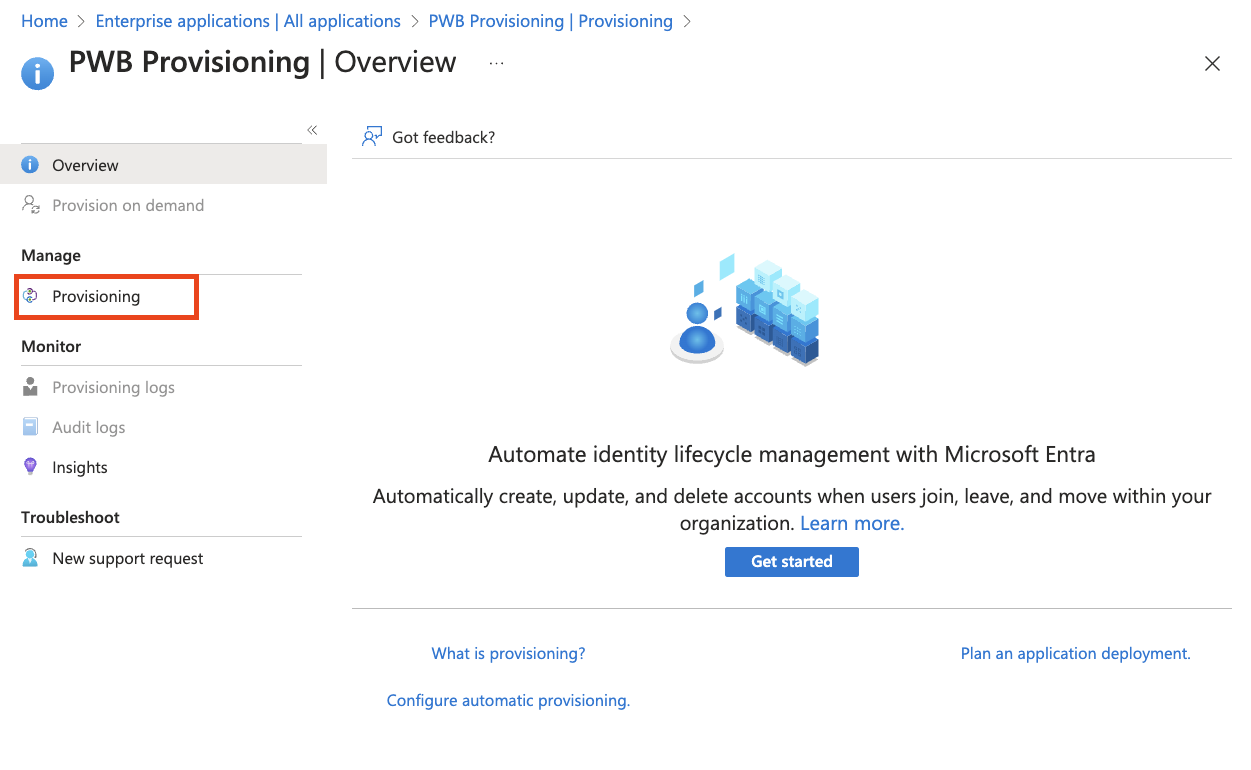 Screenshot of the Provisioning blade with the Provisioning option highlighted.