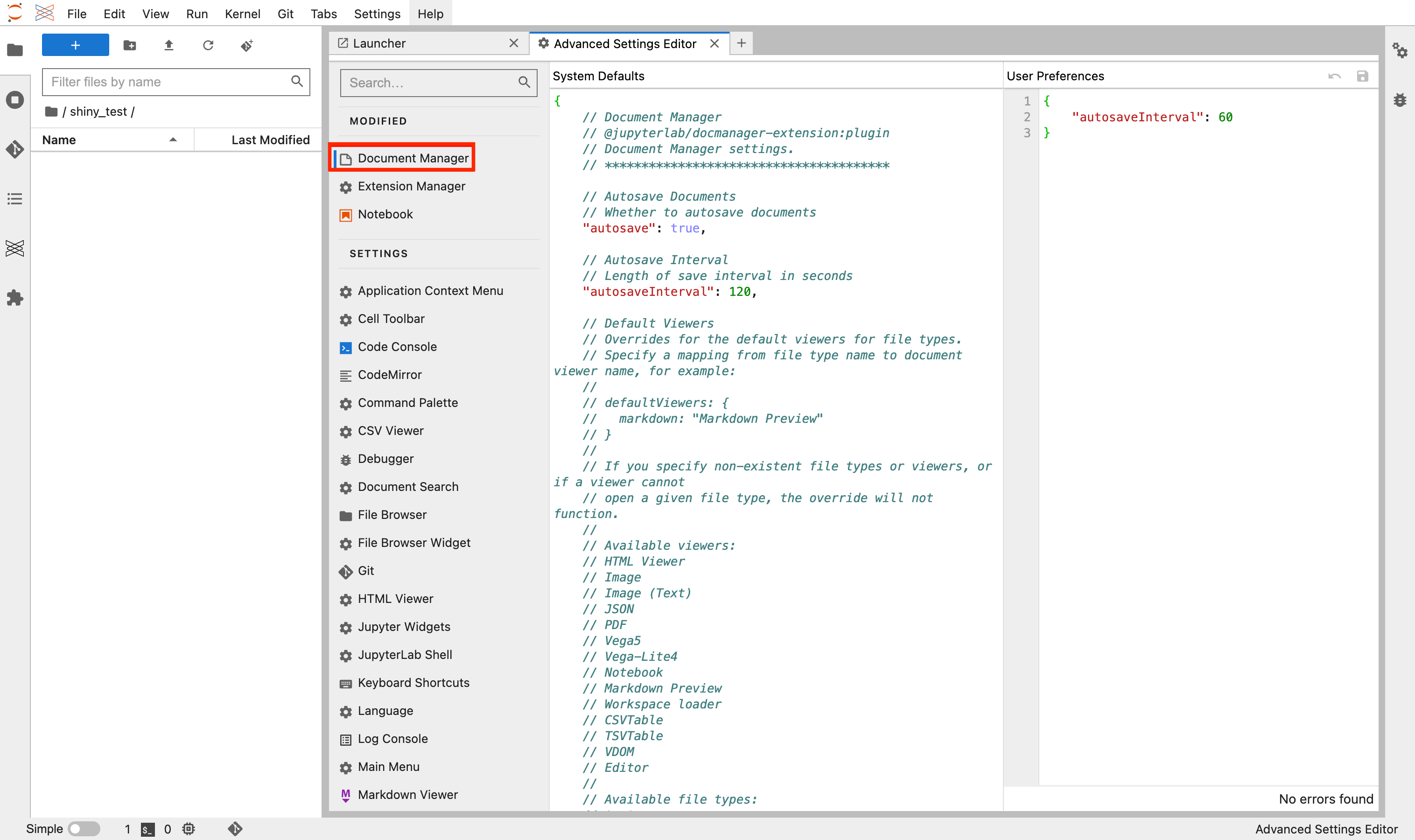 Document Manager user settings tab icon in JupyterLab