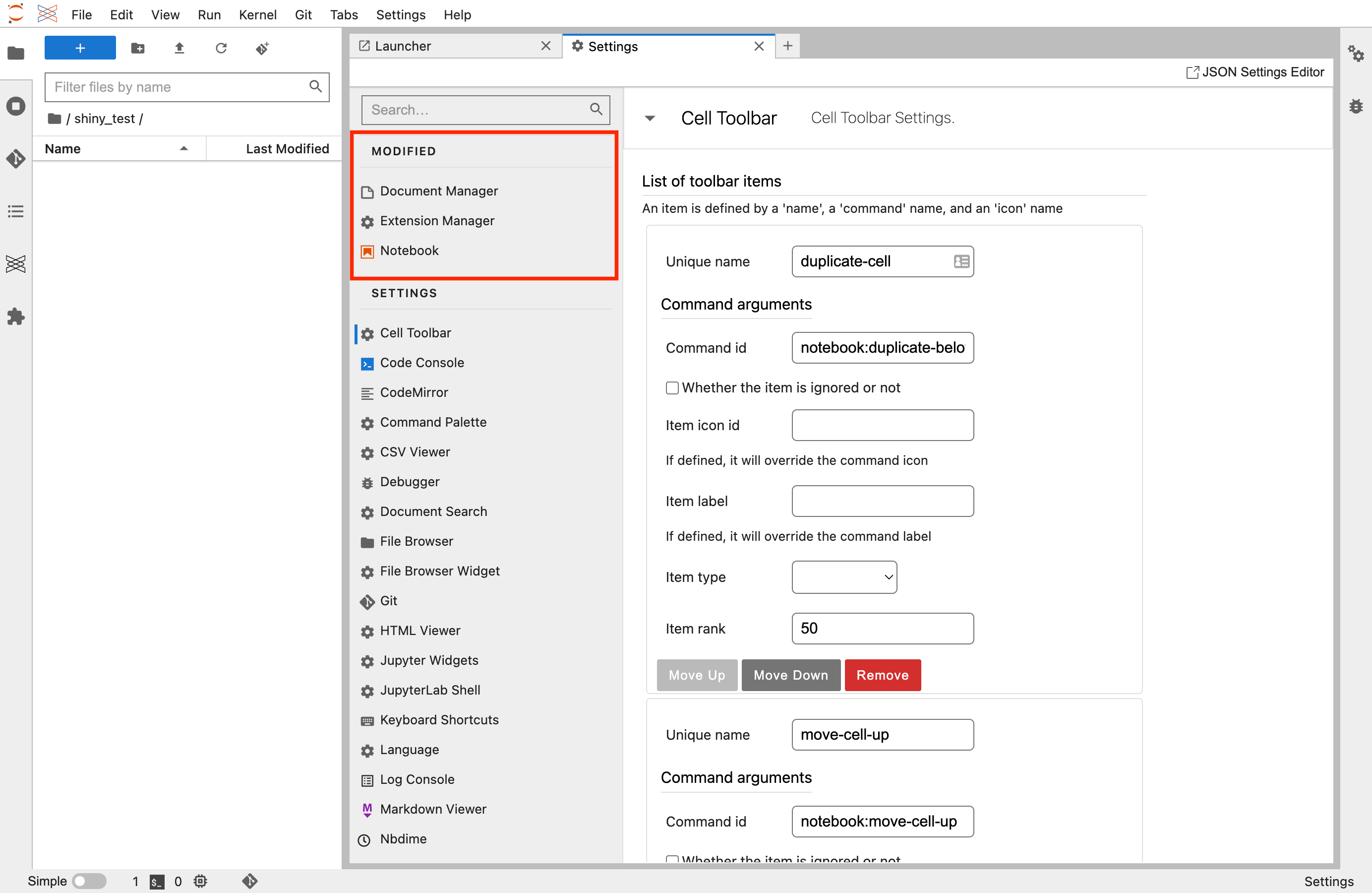 JupyterLab settings modified pane