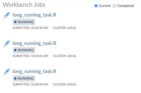 Posit Workbench home page section showing executing Workbench Jobs