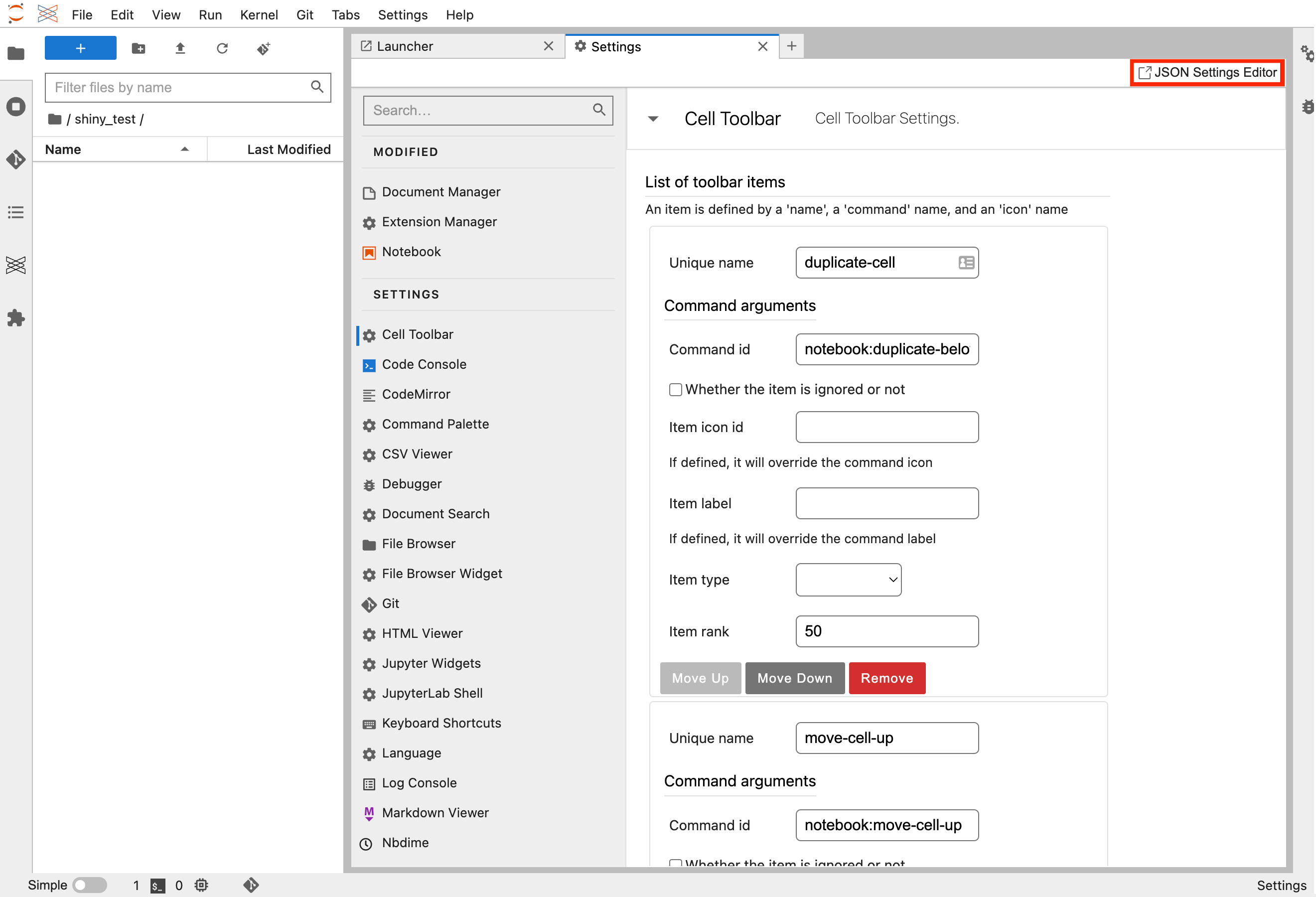 JupyterLab JSON settings menu bar button