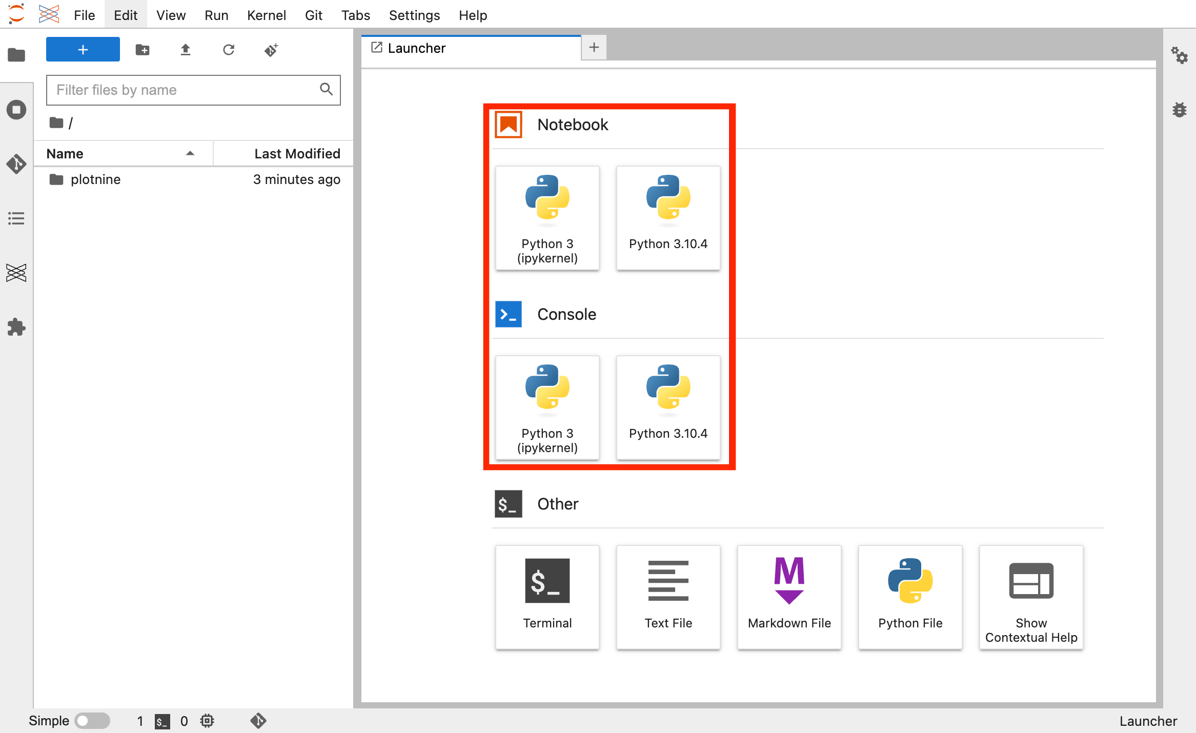 JupyterLab kernel overview from the UI Launcher page