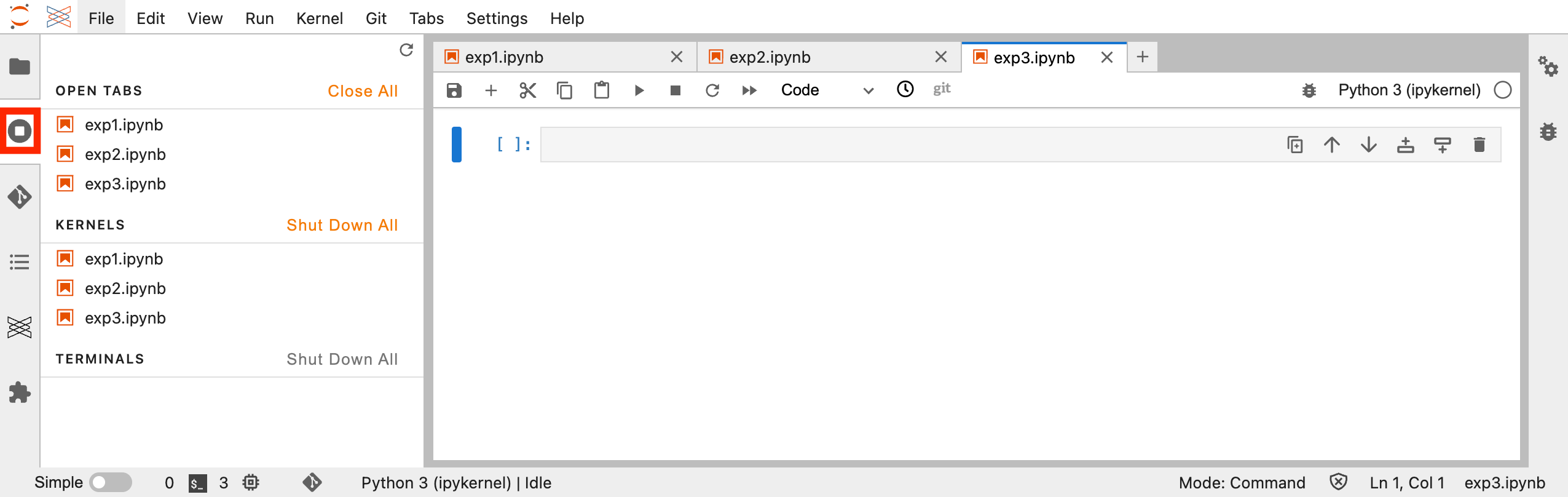 JupyterLab Running Terminals and Kernels tab access