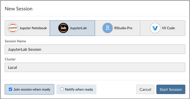 Screenshot of starting a new JupyterLab session from the Posit Workbench home page.