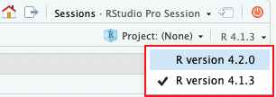 R version selection menu options in RStudio Pro