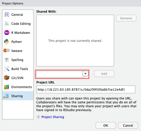 Sharing project options menu of RStudio Pro