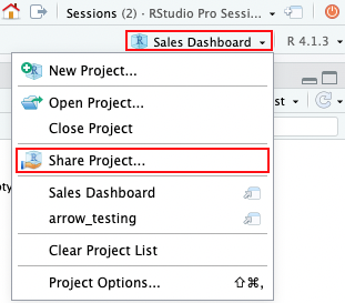 Share project menu of RStudio Pro