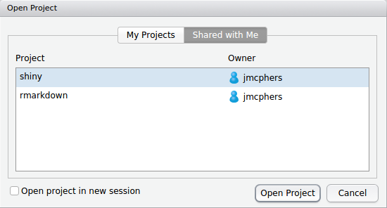List of projects shared in the Open Project menu of RStudio Pro