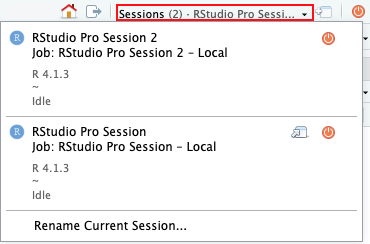 Screenshot of switching between RStudio Pro sessions from a running RStudio Pro session.