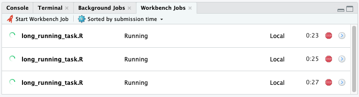IDE tab showing status of Workbench jobs