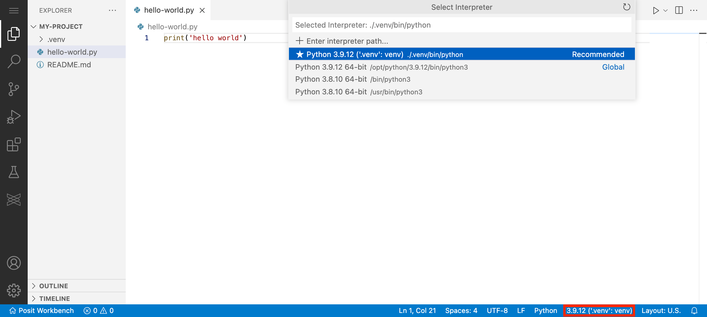 Screenshot of selecting an interpreter in VS Code using the UI.