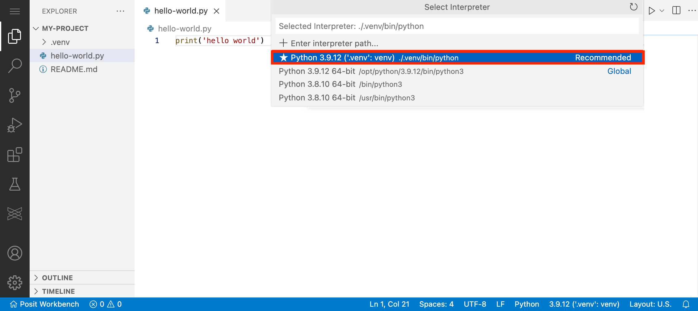 Screenshot of selecting an interpreter in VS Code using the Command Palette.