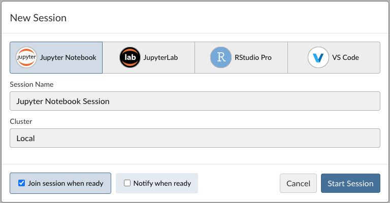 Screenshot of starting a new Jupyter Notebook session from the Posit Workbench home page.