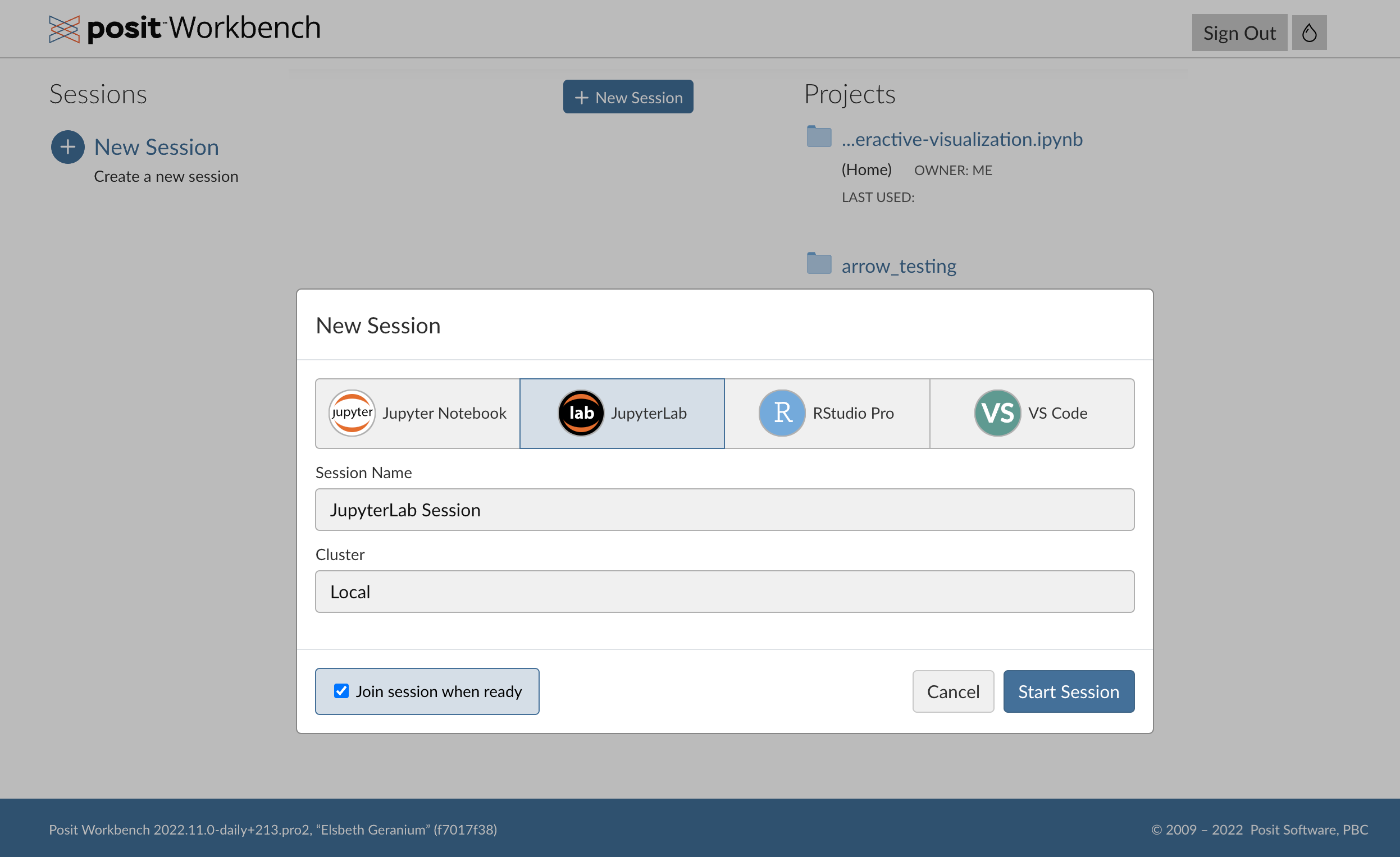 Screenshot of starting a new JupyterLab session from the Posit Workbench home page.