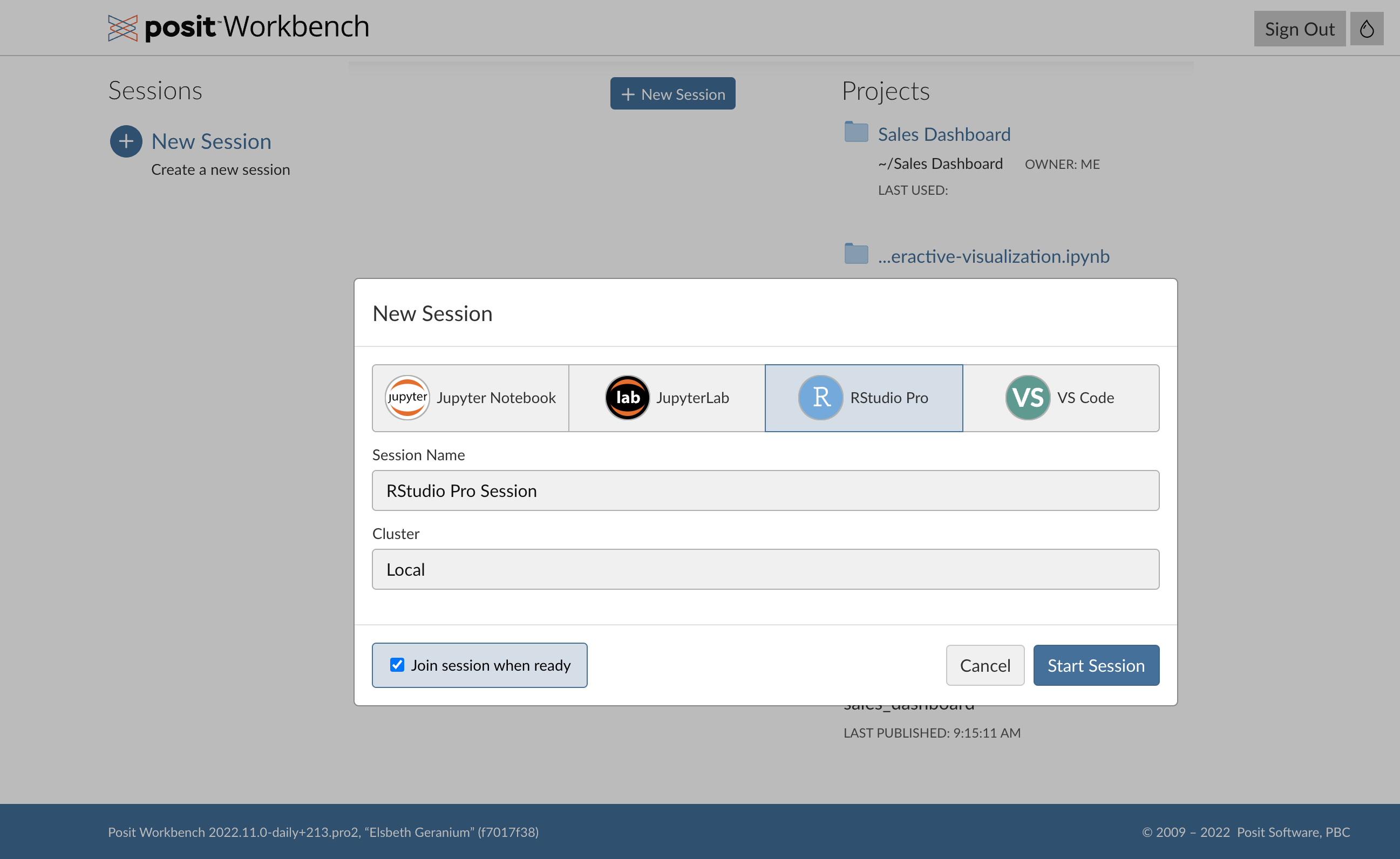 Screenshot of starting a new RStudio session from the Posit Workbench home page.