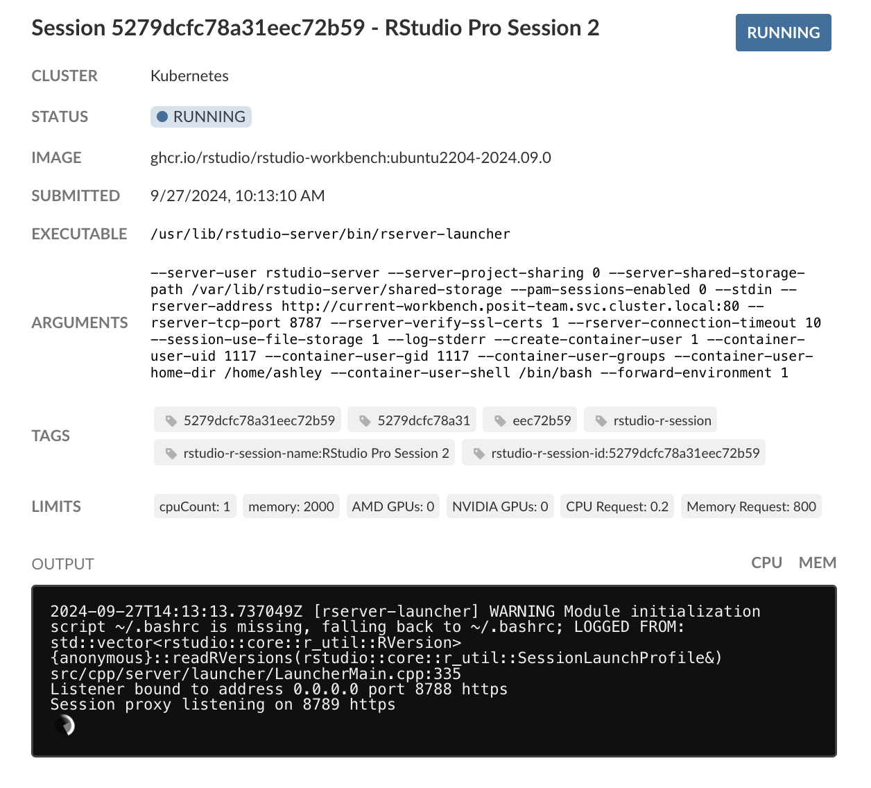 Session diagnostics example