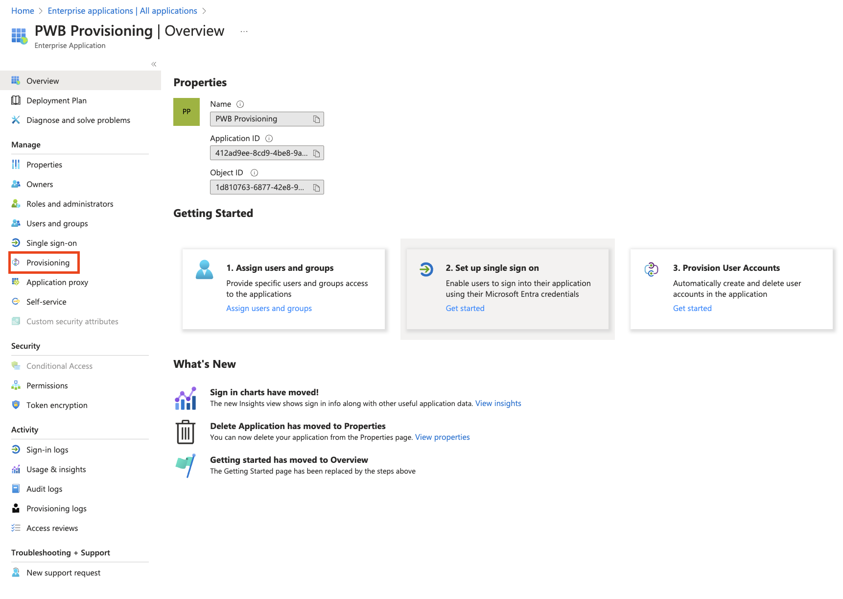 Screenshot of the Microsoft Entra ID application management screen with the Provisioning option highlighted.