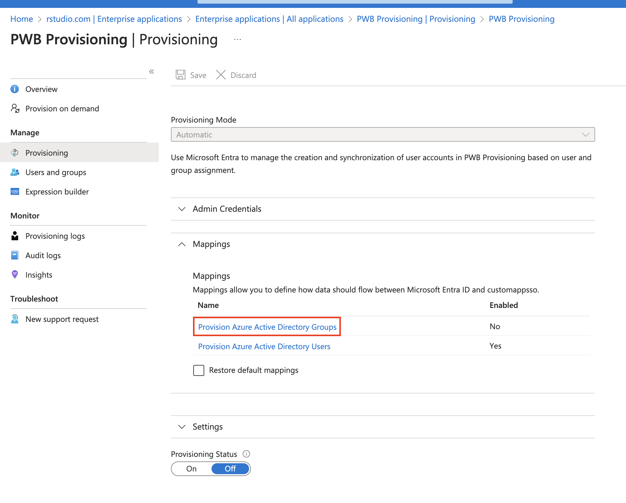 Screenshot of the Provisioning blade with the Mappings section expanded and the Provision Azure Active Directory Groups option highlighted.