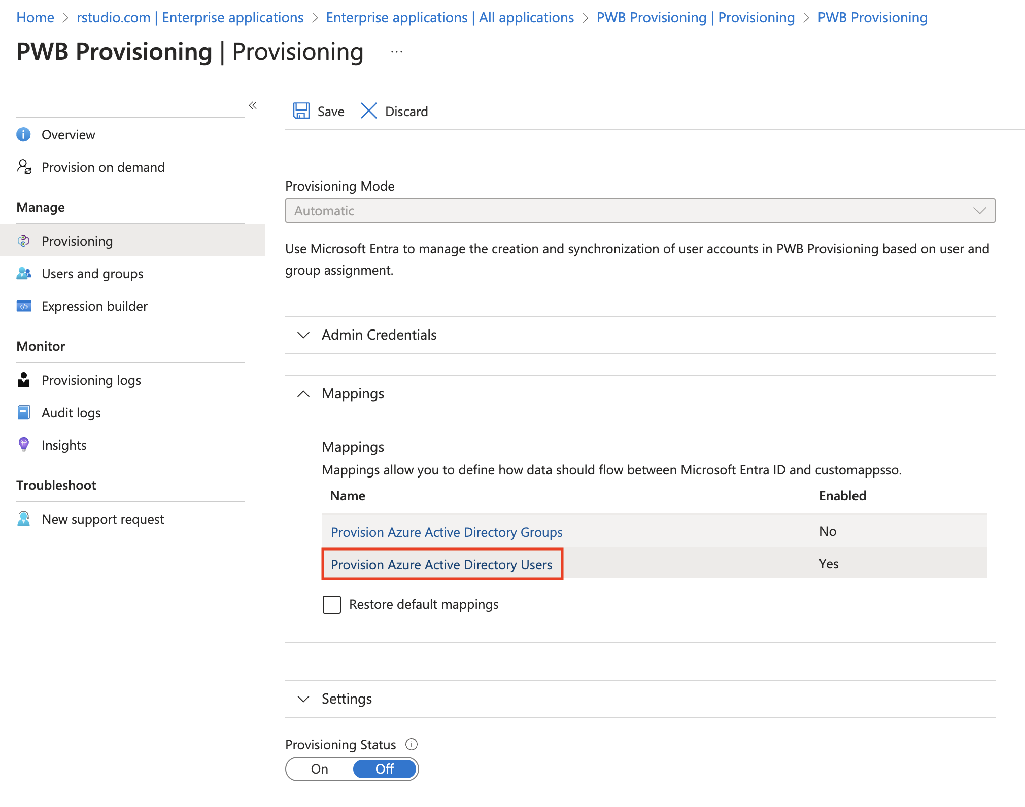 Screenshot of the Provisioning blade with the Mappings section expanded and the Provision Azure Active Directory Users option highlighted.