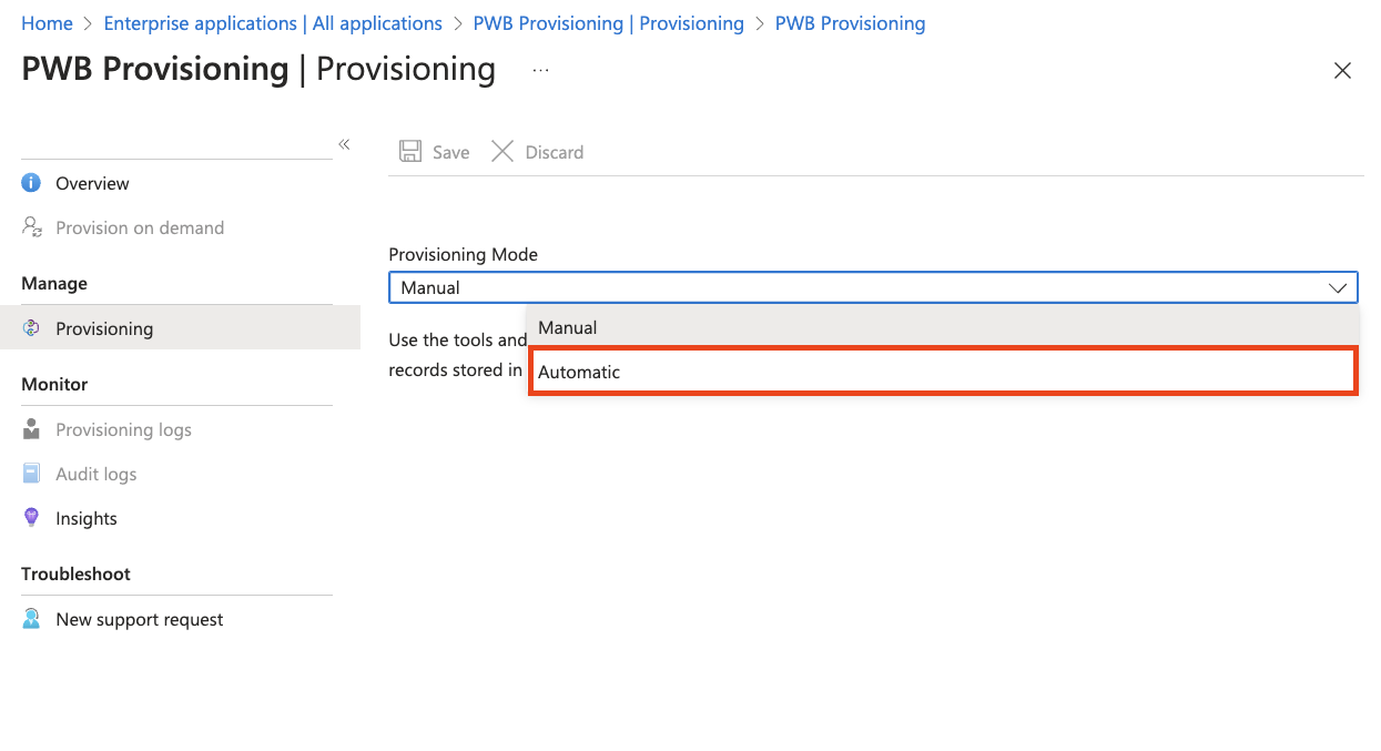 Screenshot of the Provisioning blade with the Provisioning Mode drop-down highlighted.