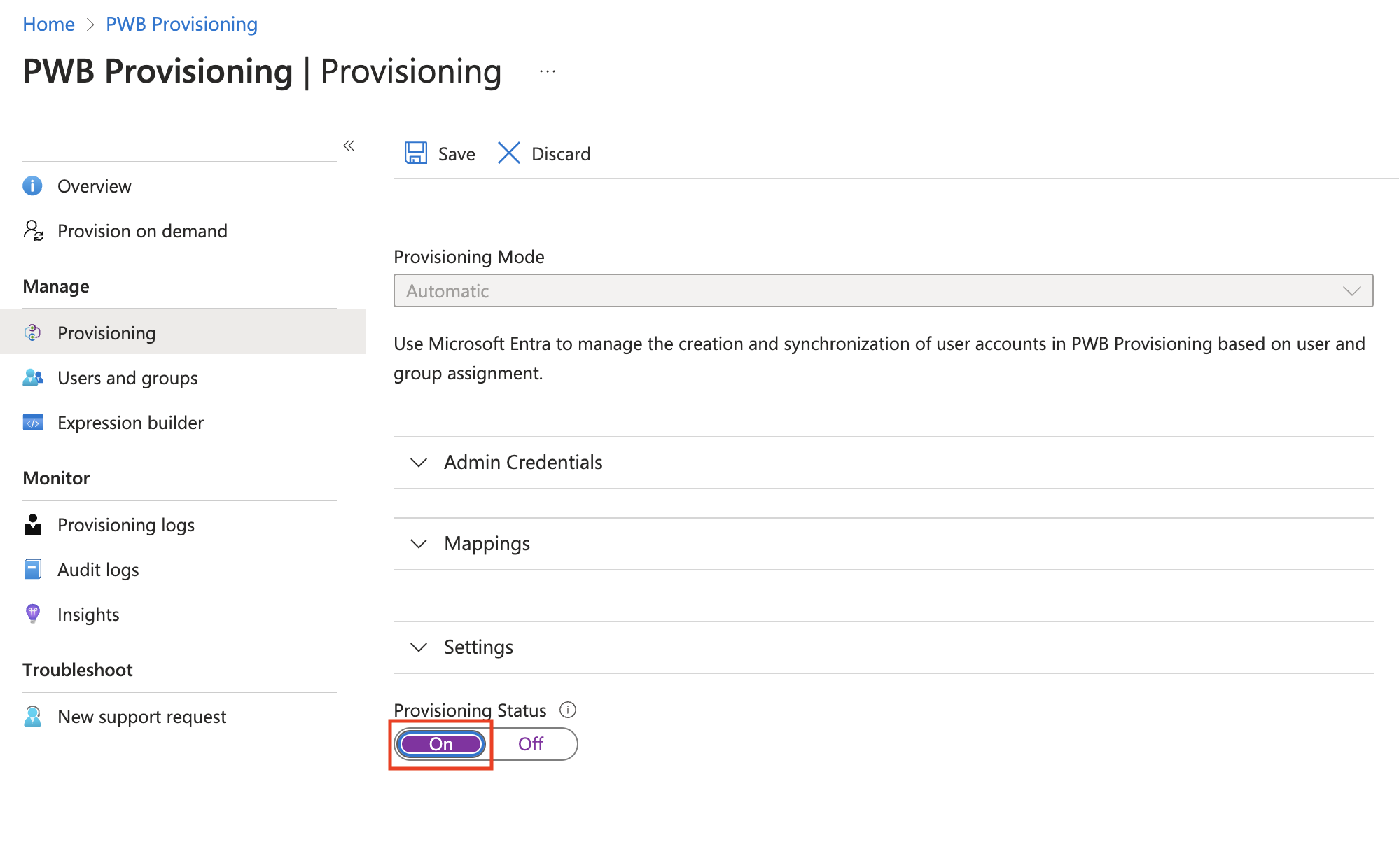 Screenshot of the Provisioning blade with the Provisioning Status toggle button set to On.