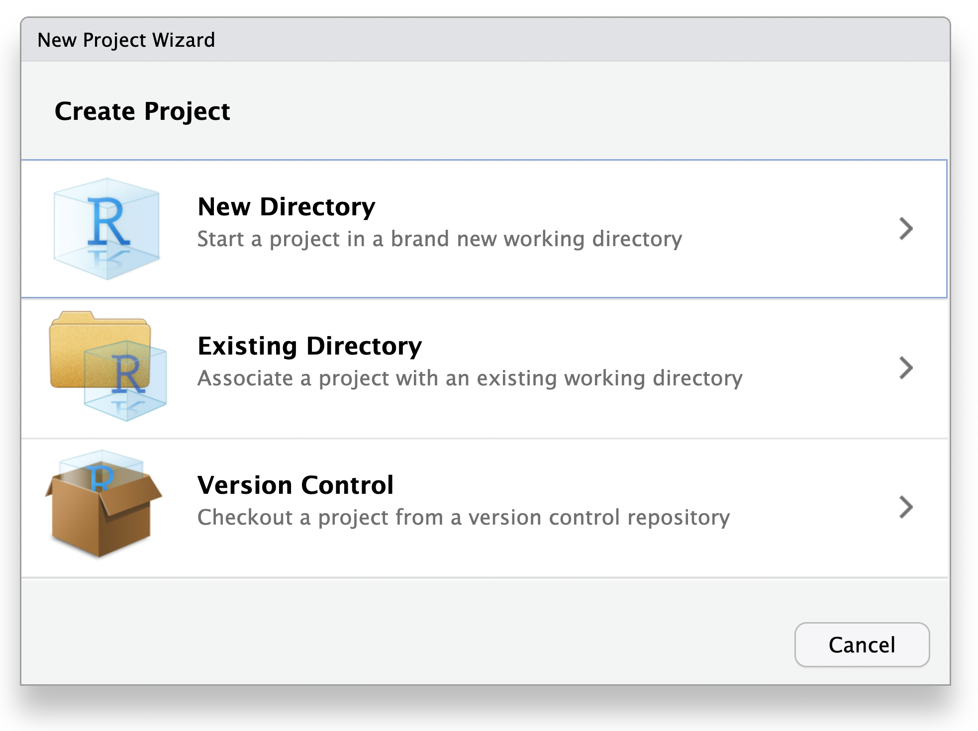 A screenshot of the RStudio "New Project Wizard" popup. It starts with Create Project from: and the choice of "New Directory", "Existing directory", or from "Version control"