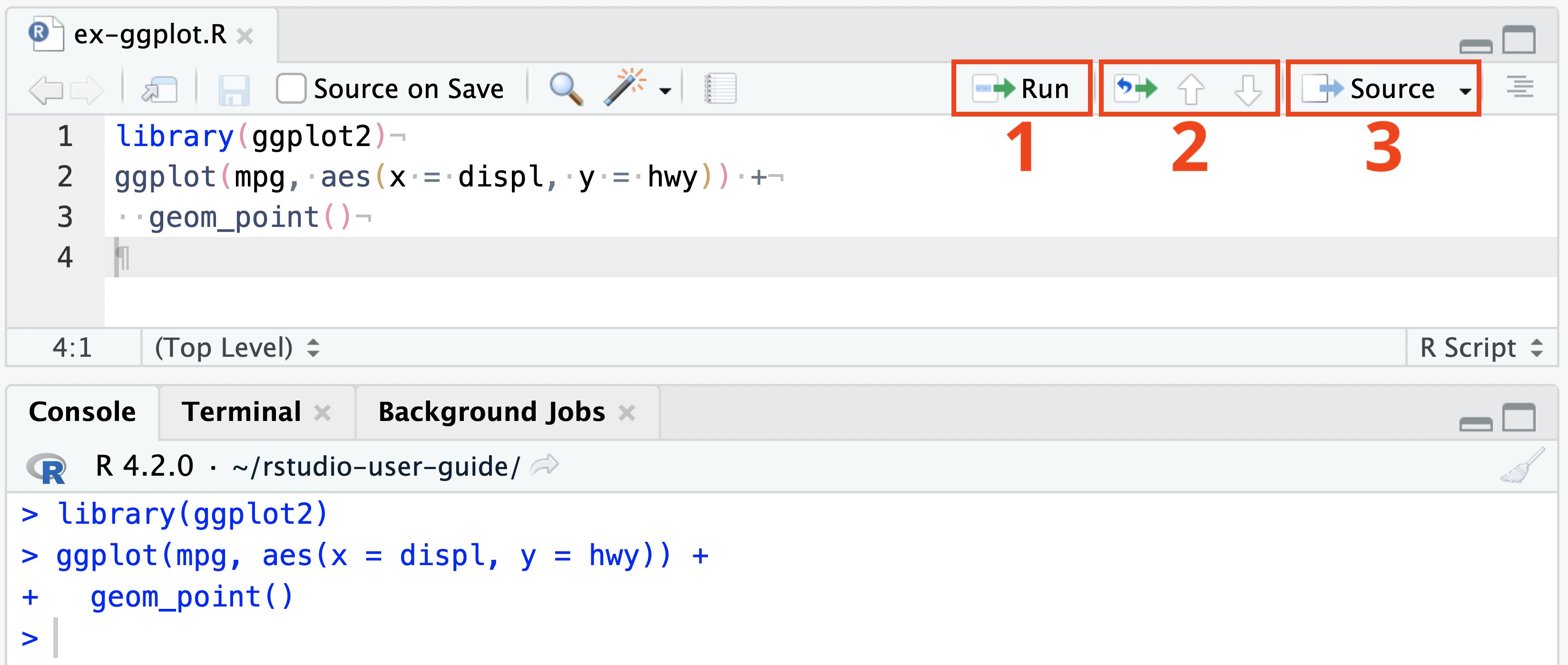 Highlighting the Run, Run previous, and Source menu options in the Source pane.