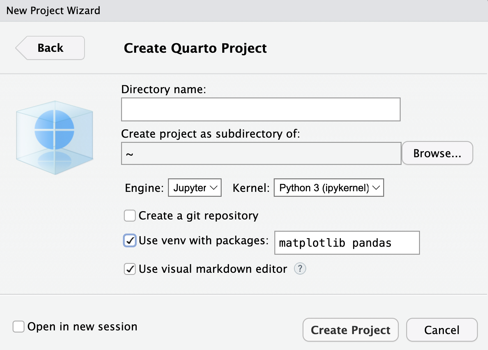 A section of the 'New Project Wizard' menu from Rstudio. This section is titled 'Create Quarto Project'. The Quarto logo is displayed on the left. ON the right are fields for 'Type', 'Directory name', and 'Create project as subdirectory of:'. Underneath that are options for 'Engine' and 'Kernel'. The option for 'Engine' is set to 'Jupyter,' and the option for 'Kernel' is set to 'Python 3'. Underneath these are options for 'Create a git repository', and 'Use venv with this project'. The button for 'Use venv...' is selected, and there is a text box to the right with the Python package names 'matplotlib' and 'pandas' filled in. There are buttons for 'Create Project' and 'Cancel' arranged side-by-side in the bottom right of the window. There is an option to 'Open in new session' in the button left corner.