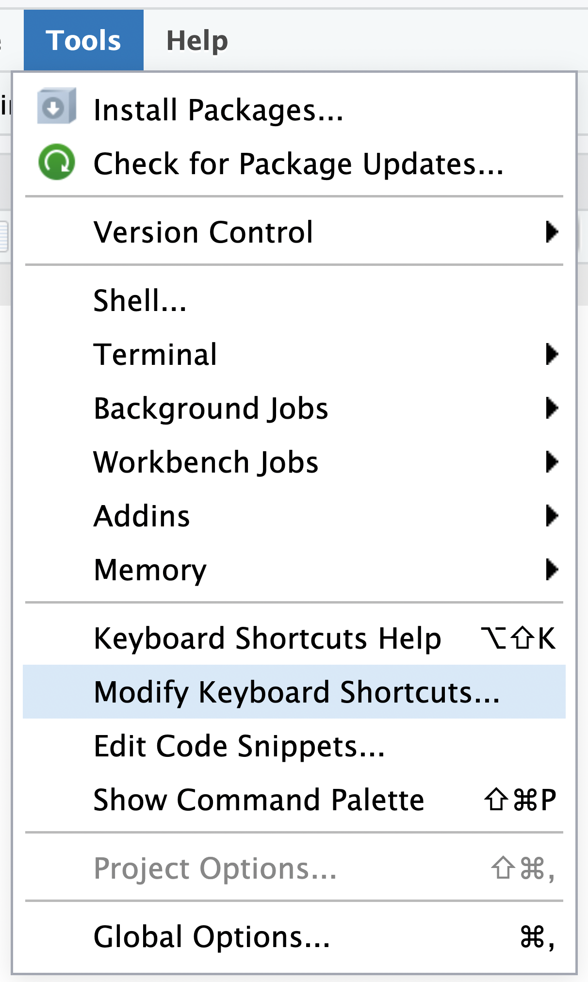 A screenshot of the Tools menu bar highlighting the Modify Keyboards Shortcuts