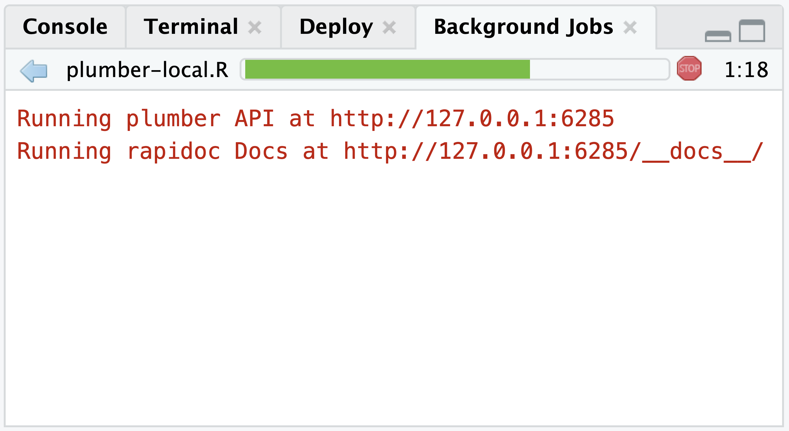 A screenshot of the Background Jobs pane, displaying the example URL to the API and the rapidoc docs.