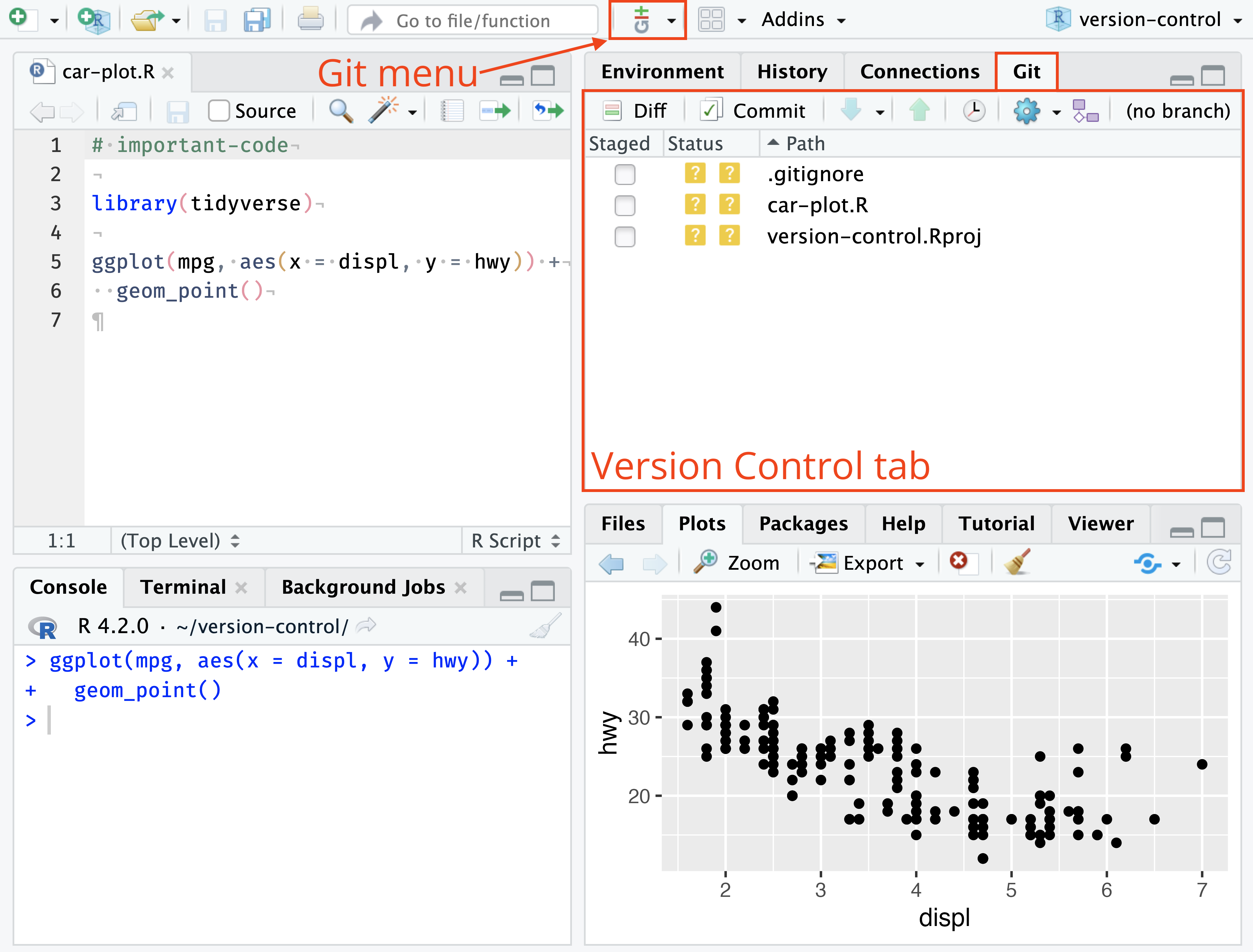 A screenshot of the RStudio interface, highlighting the Git tab in the Environments pane.