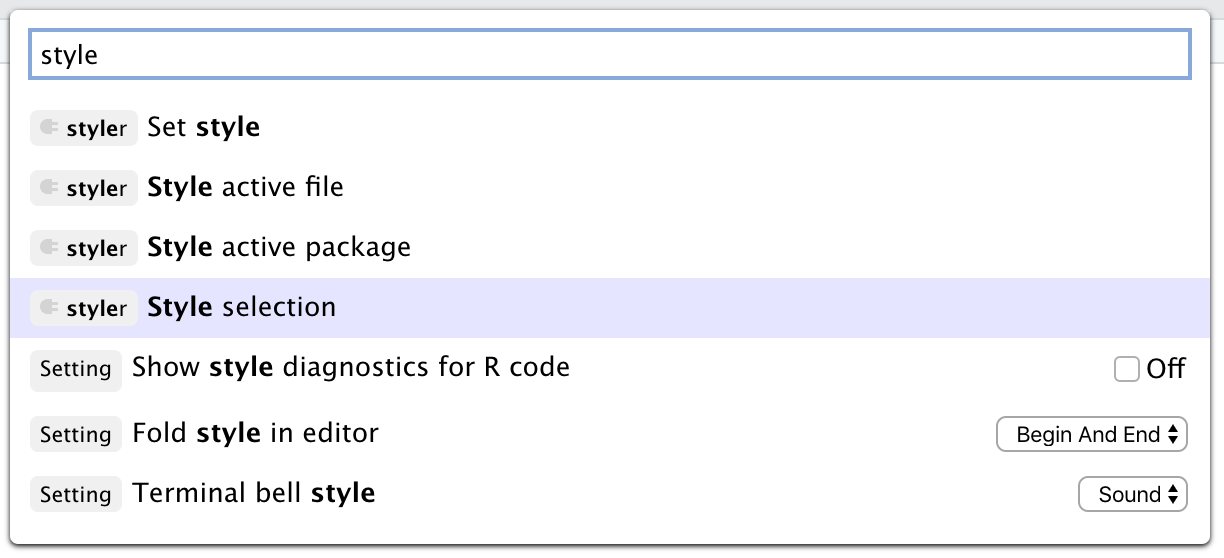 A screenshot of the command palette displaying 'style' search and the styler add-in results.