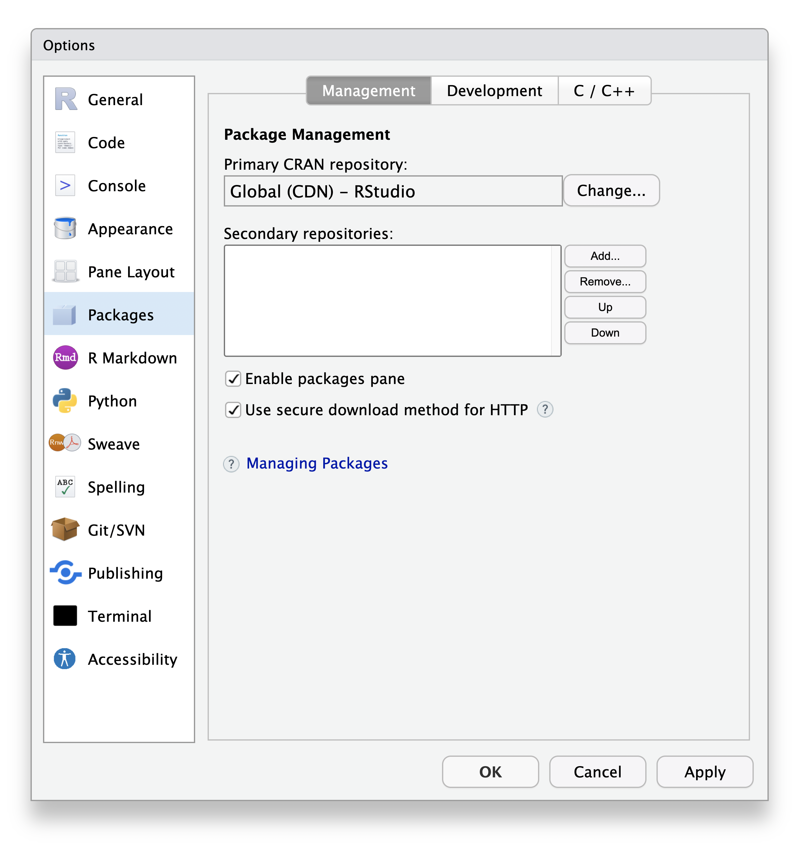 The RStudio Global options > Packages menu, highlighting RStudio's global CRAN mirror.