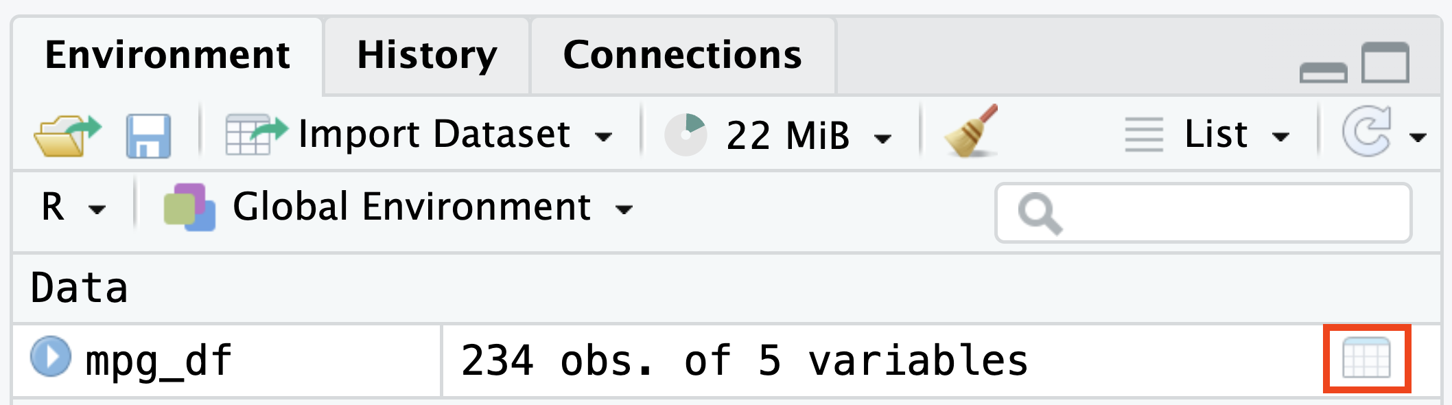 The Environment pane, displaying the mpg_df and highlighting the button for opening the view tab