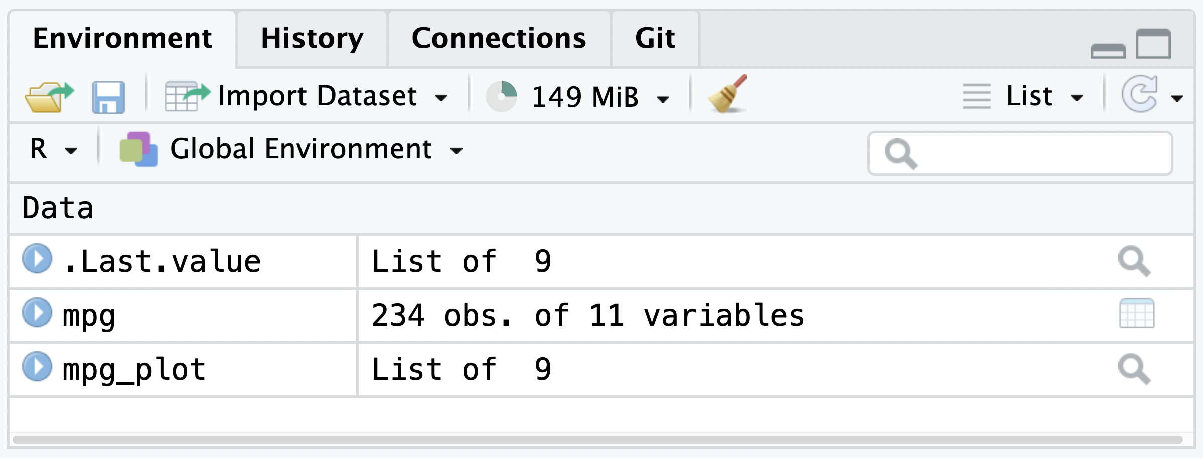 A screenshot of the Environments pane, showing the mpg and mpg_plot objects