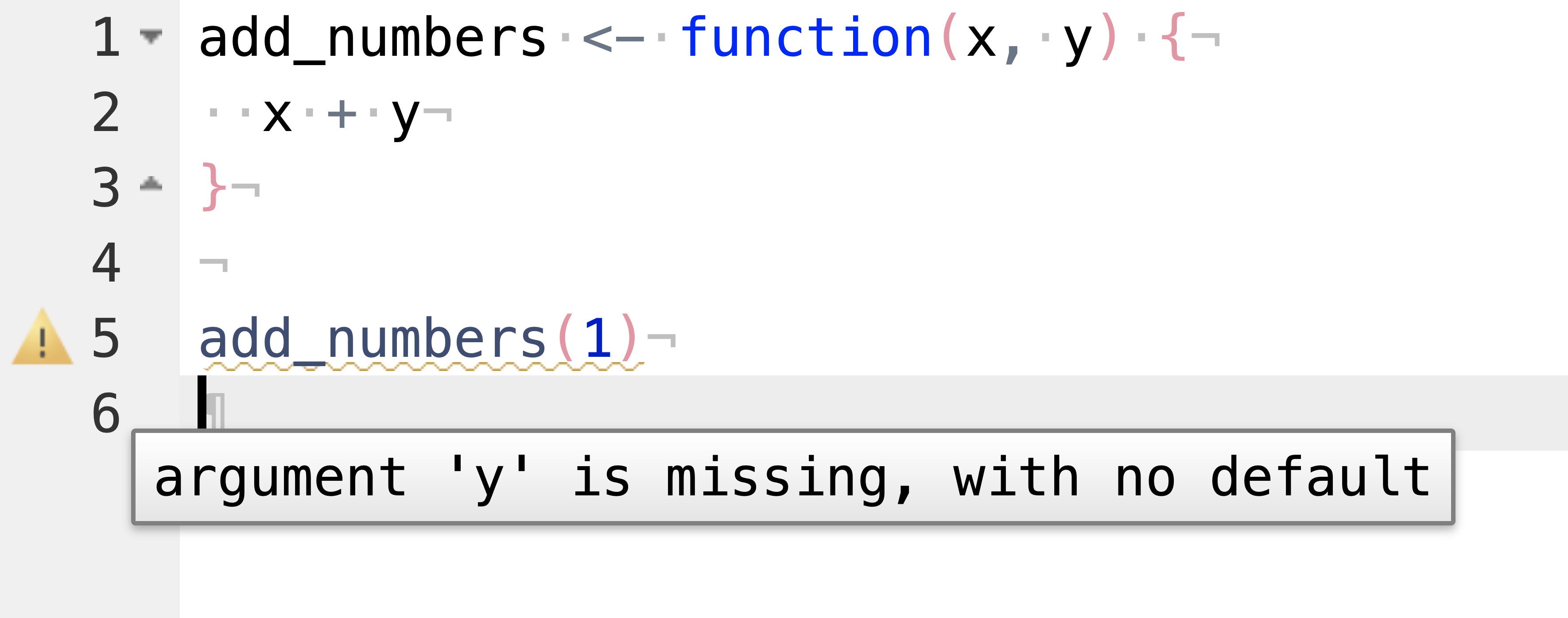 A screenshot of the RStudio error diagnostics suggesting that a function argument is missing.