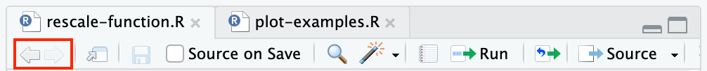 A screenshot of the Source Pane menu in RStudio and the Back/Forward arrows