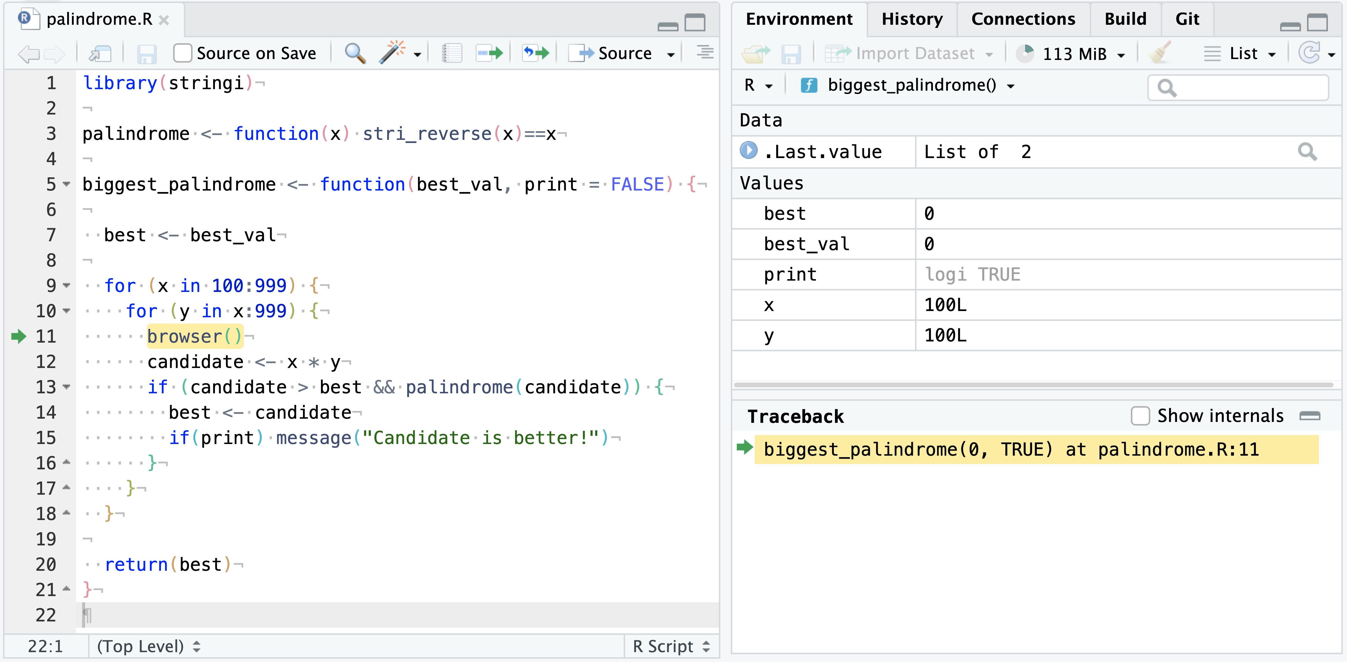 A screenshot of R code with a browser() call, along with the traceback.