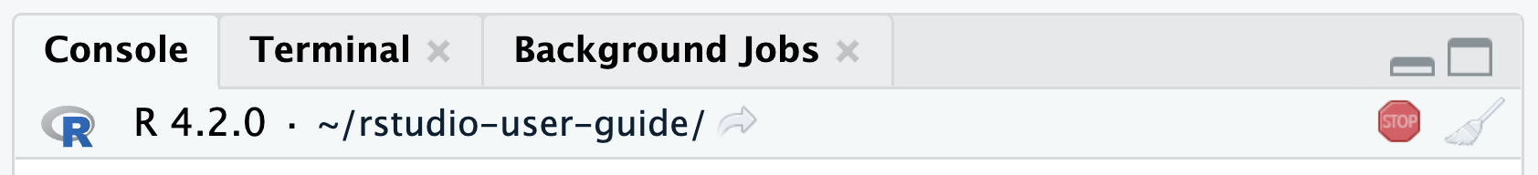 A screenshot of R console menu bar, showing the red 'stopsign' indicating the ability to stop the currently executed R code