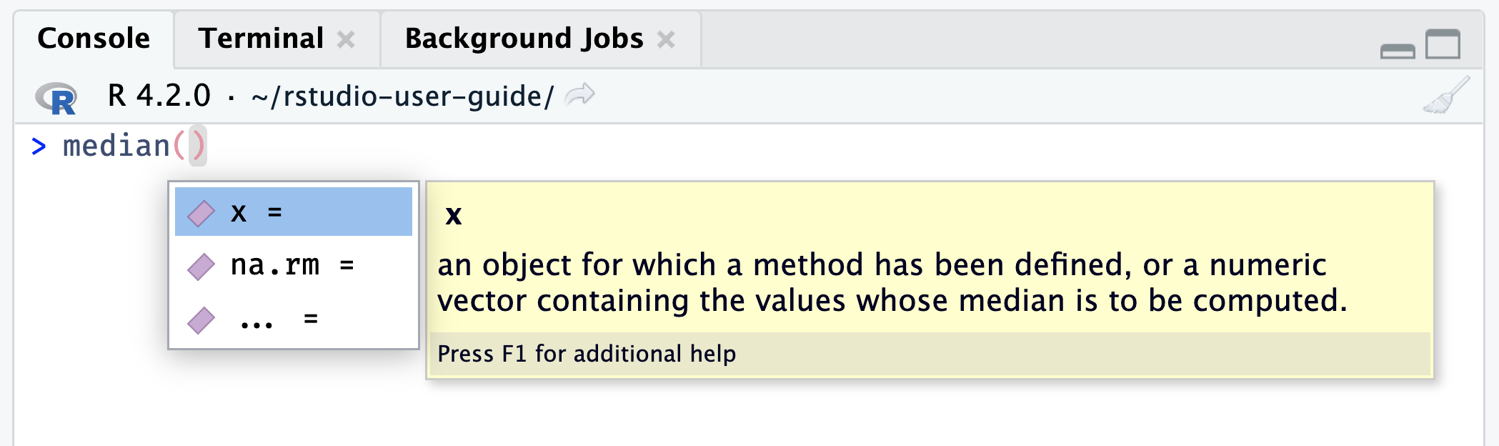 Code completion of variables within the median function, displaying the 'x', 'na.rm' and '...' function arguments.