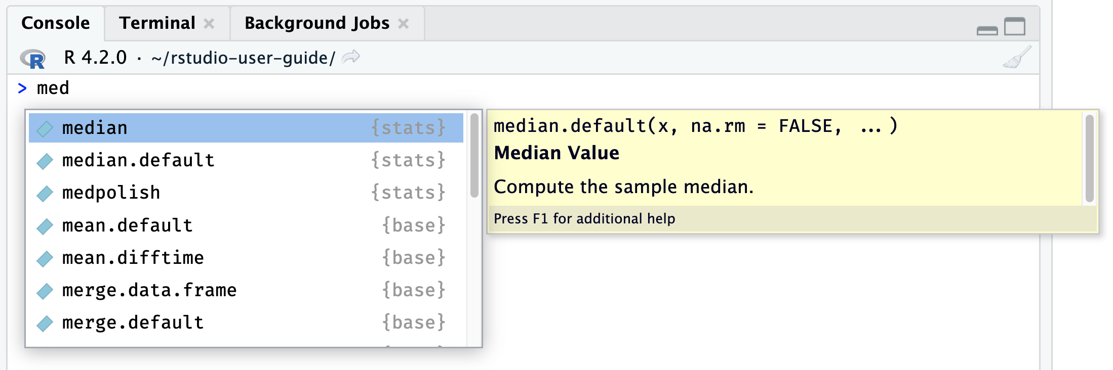 A screenshot of the RStudio console displaying tab-completion of the median function.