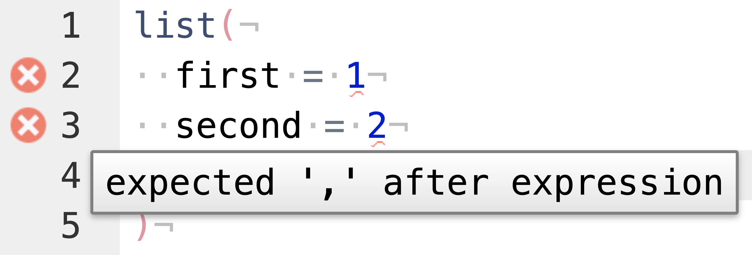 A screenshot of R code missing commas after each line, which returns an error 'exepcted , after expression'