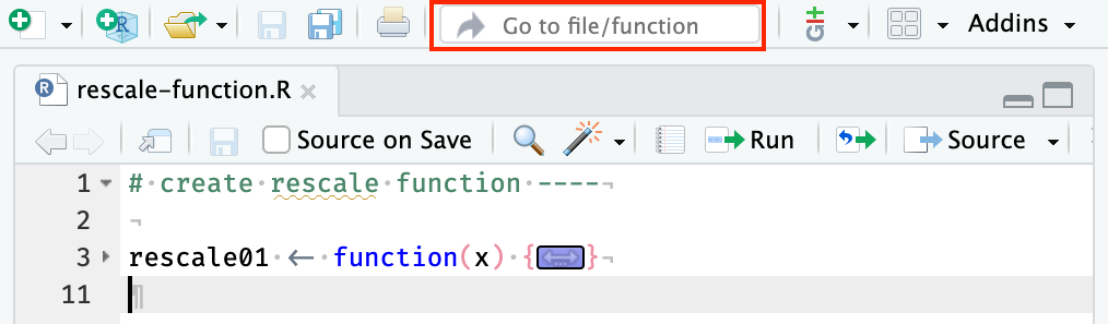 A screenshot of the Go to File/Function menu item on the Source pane of RStudio.