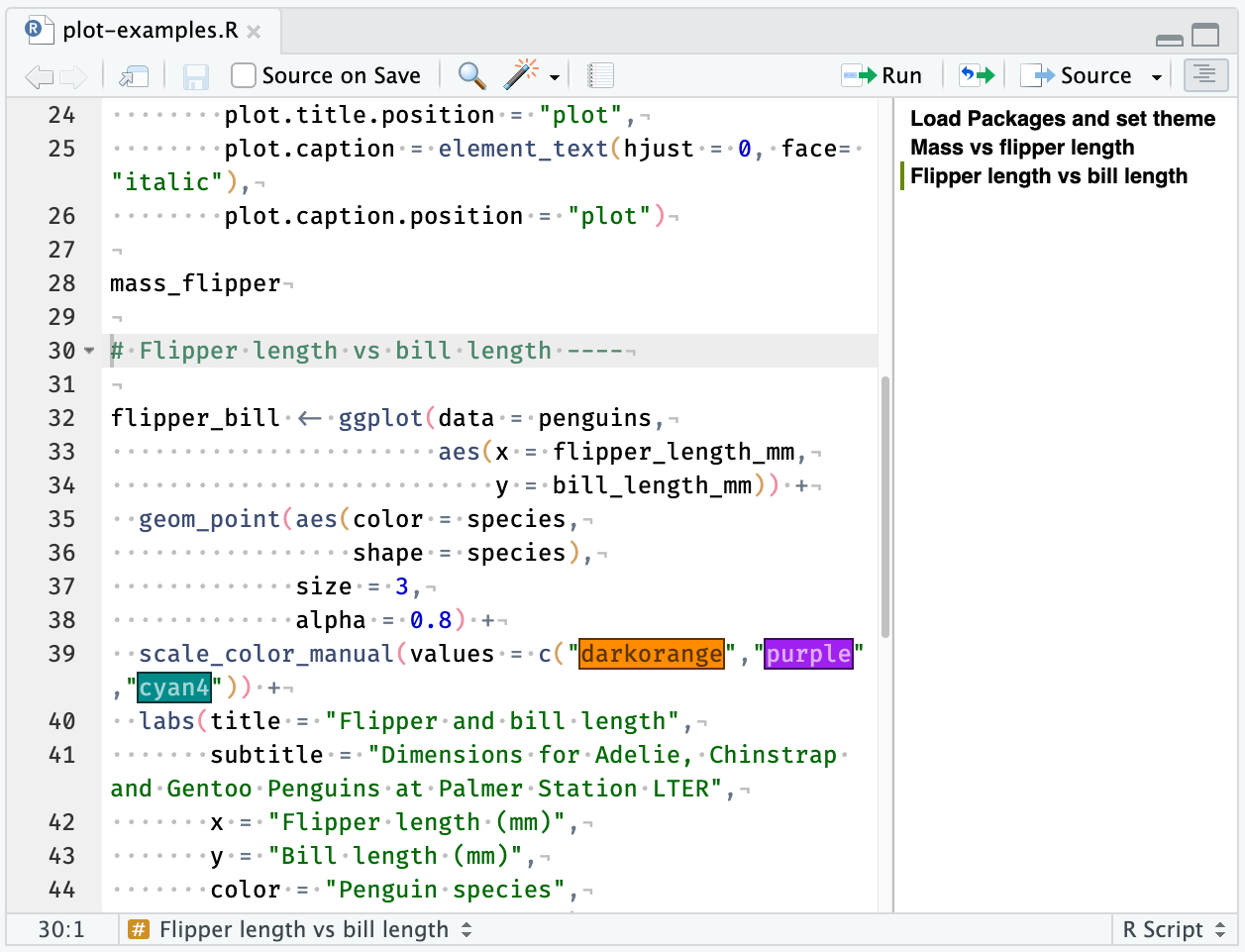 A screenshot of a .R file with code sections that can be navigated via the Document Outline