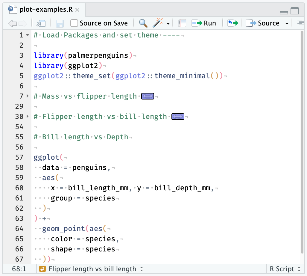 A screenshot of an example .R file with 2 folded regions and one expanded region.