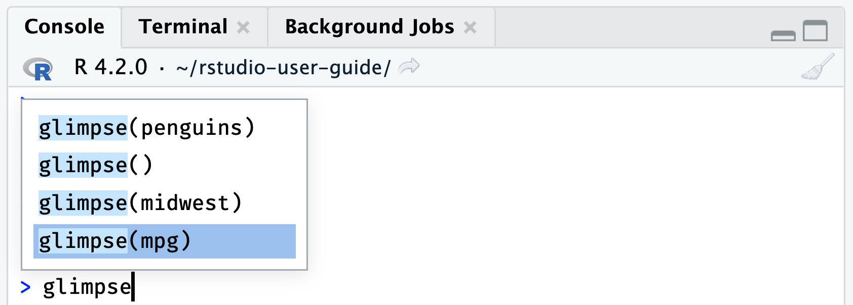 A screenshot of the R console in RStudio, showing a filtered list of executed commands that match 'glimpse'