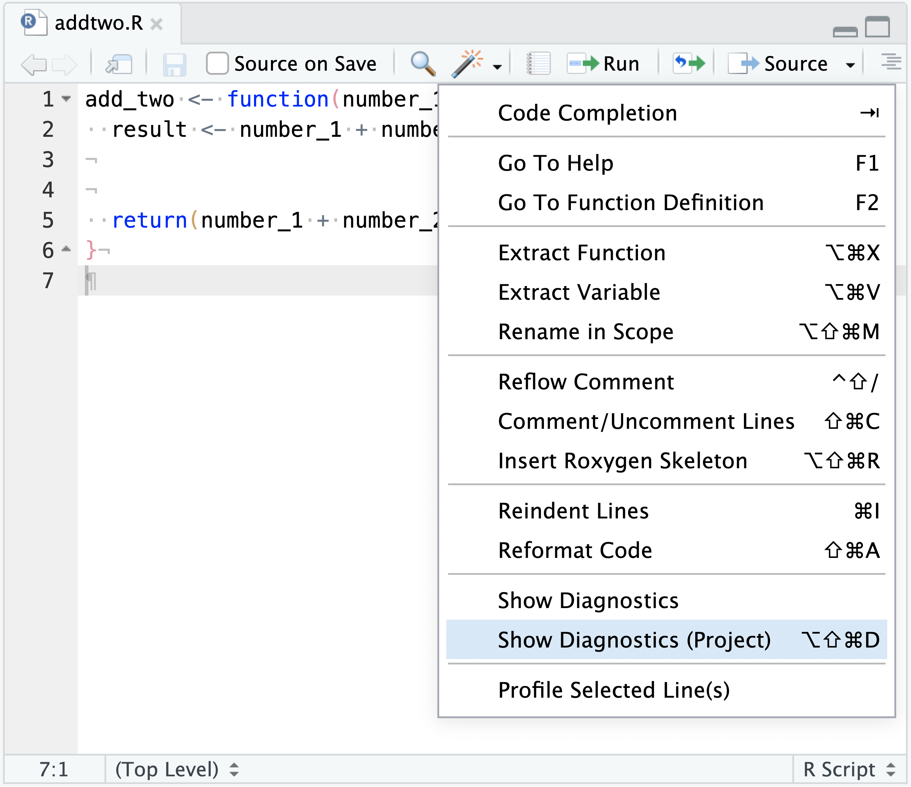A screenshot of the 'Code Tools' dropdown, displaying the ability to 'Show Diagnostics' for an entire project.