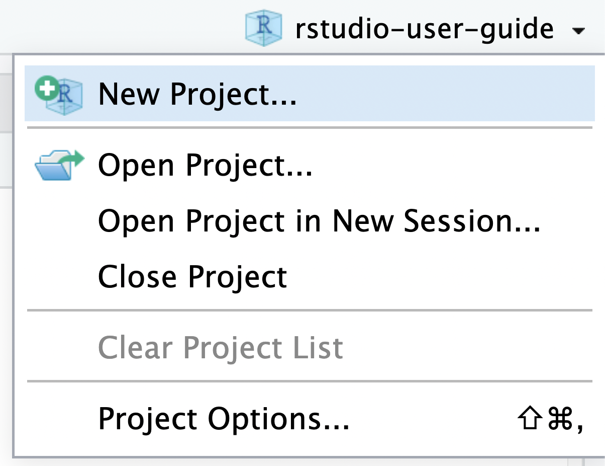A screenshot of the New Project dropdown menu, providing commands for creating or opening projects