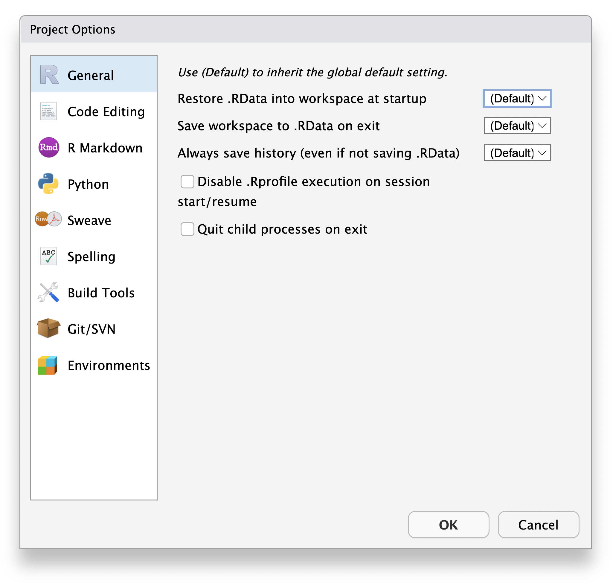 A screenshot of the Project Options popup - it has tabs for General, Code Editing, R Markdown, Python, Sweave, Spelling, Build Tools, Git/SVN, Environments.